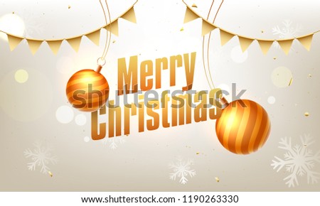 Shiny text Merry Christmas on glossy background decorated with golden baubles, snowflakes and party flags for celebration concept.