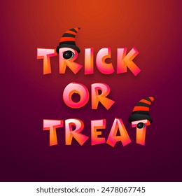 Trick or Treat con ojos de miedo, sombrero de bruja en el fondo rojo y púrpura degradado para la celebración de la fiesta de Halloween.