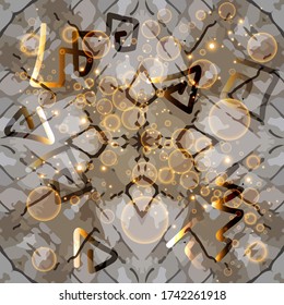 Shiny textured 3d vector seamless pattern. Modern glowing gold spheres background. Repeat rough ornate backdrop. Ornamental modern surface bubbles ornaments. Dirty endless texture. Symbols, shapes.