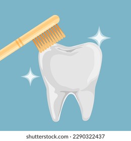 Shiny tooth with toothbrush. Clear tooth concept. Brushing teeth. Dental health. Vector illustration isolated on blue background.