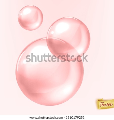 Shiny transparent air bubbles 3d vector illustration on pink background. Flying balls realistic objects design. Wash foam sphere color banner