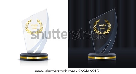 Shiny transparent crystal trophy with gold engraving. Vector award icon for winners and high performers. Polygon cut glass with elegant pedestal for sport and business events.