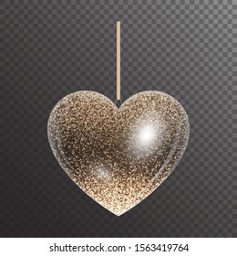 Shiny transparent heart with gold sparkles for Christmas decor. Vector illustration for valentines day with light effect.
