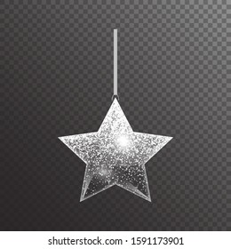 Shiny transparent star with silver sequins for New Year's decor. Christmas vector illustration with light effect.
