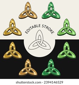Shiny triquetra sign in vintage style. Golden and green colors. Shape with editable stroke.