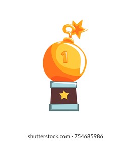 Shiny trophy in form of round bomb with burning wick. Tournament champion. Victory reward. Miniature winner souvenir in flat design. Cartoon vector illustration isolated on white background.