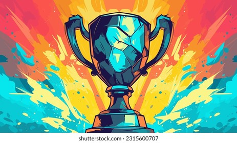 Shiny trophy on a colorful splashy artistic background, vector illustration.