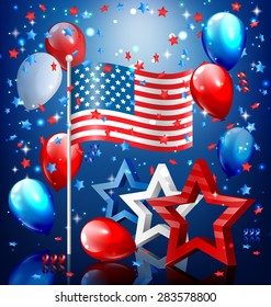 Shiny USA celebration independence day concept with nation flag stars confetti and balloons on blue background