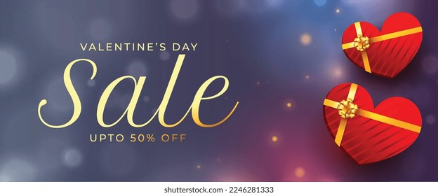 shiny valentines day sale banner with heart shape gift box vector  