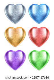 Shiny vector 3d hearts isolated on white background. Glossy hearts set for design associated with love, romance, medicine.