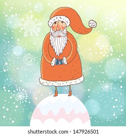 Shiny vector christmas background with funny Santa Claus. Happy new year postcard design. Winter snow with bokeh effect. 2014 card