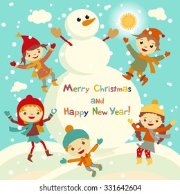 Shiny vector christmas background with funny snowman and children. Happy new year postcard design with boy and girl enjoying the holiday. Winter snow with bokeh effect. 2016 card art