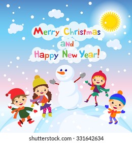 Shiny vector christmas background with funny snowman and children. Happy new year postcard design with boy and girl enjoying the holiday. Winter snow with bokeh effect. 2016 card art