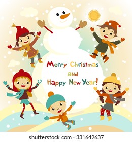 Shiny vector christmas background with funny snowman and children. Happy new year postcard design with boy and girl enjoying the holiday. Winter snow with bokeh effect. 2016 card art