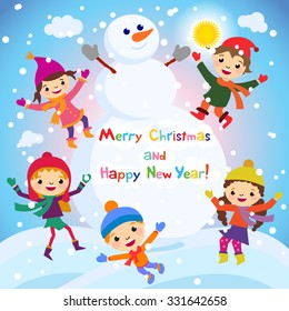 Shiny vector christmas background with funny snowman and children. Happy new year postcard design with boy and girl enjoying the holiday. Winter snow with bokeh effect. 2016 card art