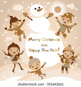 Shiny vector christmas background with funny snowman and children. Happy new year postcard design with boy and girl enjoying the holiday. Winter snow with bokeh effect. 2016 card art