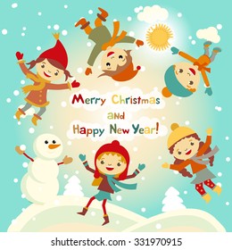 Shiny vector christmas background with funny snowman and children. Happy new year postcard design with boy and girl enjoying the holiday. Winter snow with bokeh effect. 2016 card art