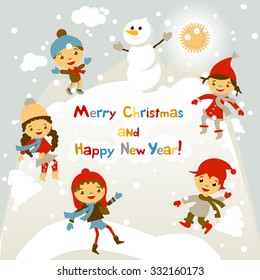 Shiny vector christmas background with funny snowman and children. Happy new year postcard design with boy and girl enjoying the holiday. Winter snow with bokeh effect. 2016 card art
