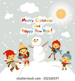 Shiny vector christmas background with funny snowman and children. Happy new year postcard design with boy and girl enjoying the holiday. Winter snow with bokeh effect. 2016 card art