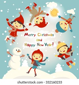 Shiny vector christmas background with funny snowman and children. Happy new year postcard design with boy and girl enjoying the holiday. Winter snow with bokeh effect. 2016 card art