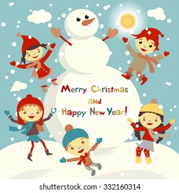 Shiny vector christmas background with funny snowman and children. Happy new year postcard design with boy and girl enjoying the holiday. Winter snow with bokeh effect. 2016 card art