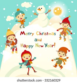 Shiny vector christmas background with funny snowman and children. Happy new year postcard design with boy and girl enjoying the holiday. Winter snow with bokeh effect. 2016 card art