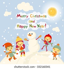 Shiny vector christmas background with funny snowman and children. Happy new year postcard design with boy and girl enjoying the holiday. Winter snow with bokeh effect. 2016 card art