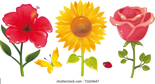 shiny vector flowers and a butterfly