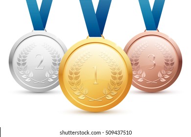 Shiny Vector Gold, Silver And Bronze Medal Set With Blue Ribbons