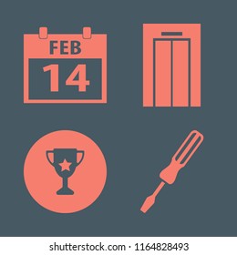 shiny vector icons set. with calendar february, screwdriver, trophy cup and elevator in set