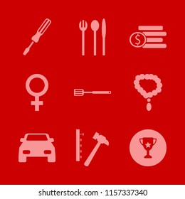 shiny vector icons set. with car, hammer nails, dollar coins and spatula in set