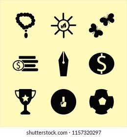 shiny vector icons set. with football ball, trophy cup, nail polish and sun leaves in set