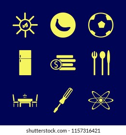shiny vector icons set. with screwdriver, fridge, soccer ball and dining table restaurant in set
