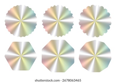 Glänzende Vektorgrafik mit einem Satz holografischer Hintergrundelemente mit metallischen Siegelformen. Diese farbenfrohen, glänzenden Formen eignen sich ideal für Designs, die einen holografischen oder metallischen Effekt benötigen.