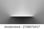 Shiny vector podium for luxury presentation and metal vector shelf with empty white room. Realistic 3d silver steel stand on grey background with light effect for product display.