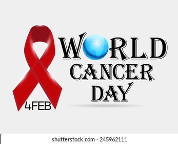Shiny vector red ribbon with stylish text for World Cancer Day.   