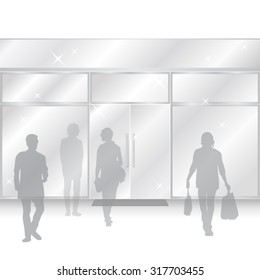 Shiny vector Shop Glass Store Facade with people figures coming out