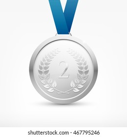 Shiny vector silver medal with blue ribbon