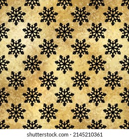 Shiny Vector Winter Snowflakes Golden Seamless Pattern. Christmas doodle snow print on gold foil background. New year luxury texture for print, wrapping paper, design, decor, gift, backgrounds.