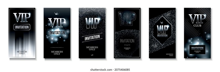 Shiny vertical vip club party invitation set in black and silver colors isolated on white background vector illustration
