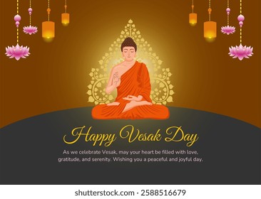 Shiny Vesak day concept wishes greeting card with Buddha illustration. Background vector. Happy Vesak day celebration design poster, flyer, banner.