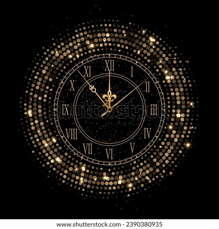 Shiny vintage gold clock face with glitters . Golden elegant roman numerals clock isolated on black background. Realistic classical watch with dial and roman numbers. New year, christmas design.