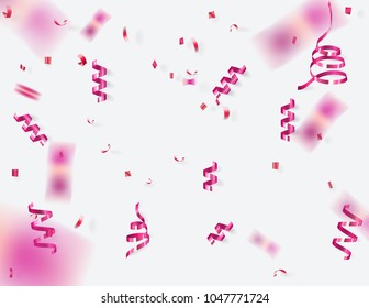 shiny violet ribbons and confetti falling on white background