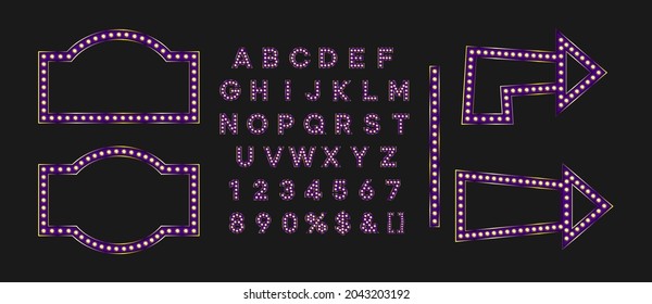 Shiny violet signboard and arrow for black friday sale banner. Purple marque alphabet for night club logo or event badge.