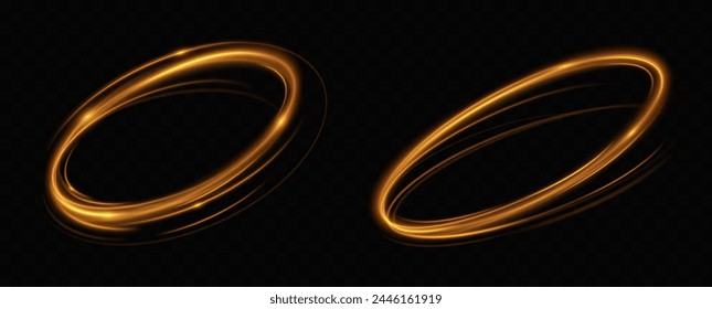 Shiny vortex rings shimmer on a transparent background. Sparkling circles with light effect. Light circle swirl neon lighting effect, spiral light lines.