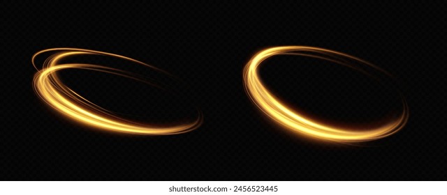Shiny vortex rings shimmer on a transparent background. Sparkling circles with light effect. Light circle swirl neon lighting effect, spiral light lines.	