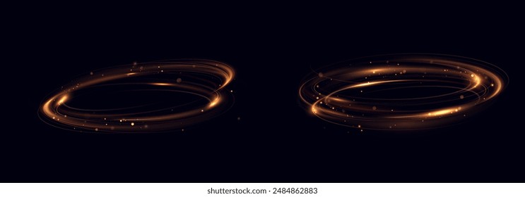 Shiny vortex rings shimmer on a transparent background. Sparkling circles with light effect. Light circle swirl neon lighting effect, spiral light lines.	