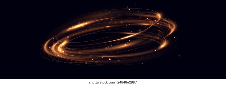 Shiny vortex rings shimmer on a transparent background. Sparkling circles with light effect. Light circle swirl neon lighting effect, spiral light lines.	