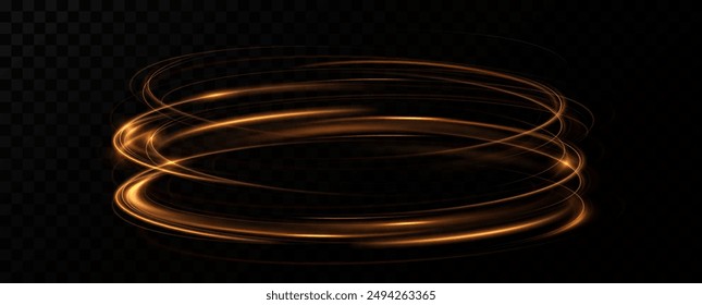 Shiny vortex rings shimmer on a transparent background. Sparkling circles with light effect. Light circle swirl neon lighting effect, spiral light lines.