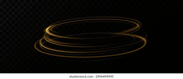 Shiny vortex rings shimmer on a transparent background. Sparkling circles with light effect. Light circle swirl neon lighting effect, spiral light lines.